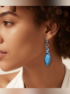 Larimar Dainty Earrings Encased In Boho Artisan Silver Bezels With 925 Hooks